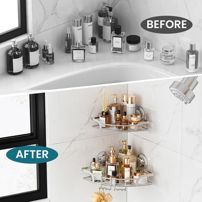 TAILI Duschablage Ohne Bohren,Einstellbar Ecke Dusche Caddy Saugnapf 2er Set Dusche Zubehör mit Hake