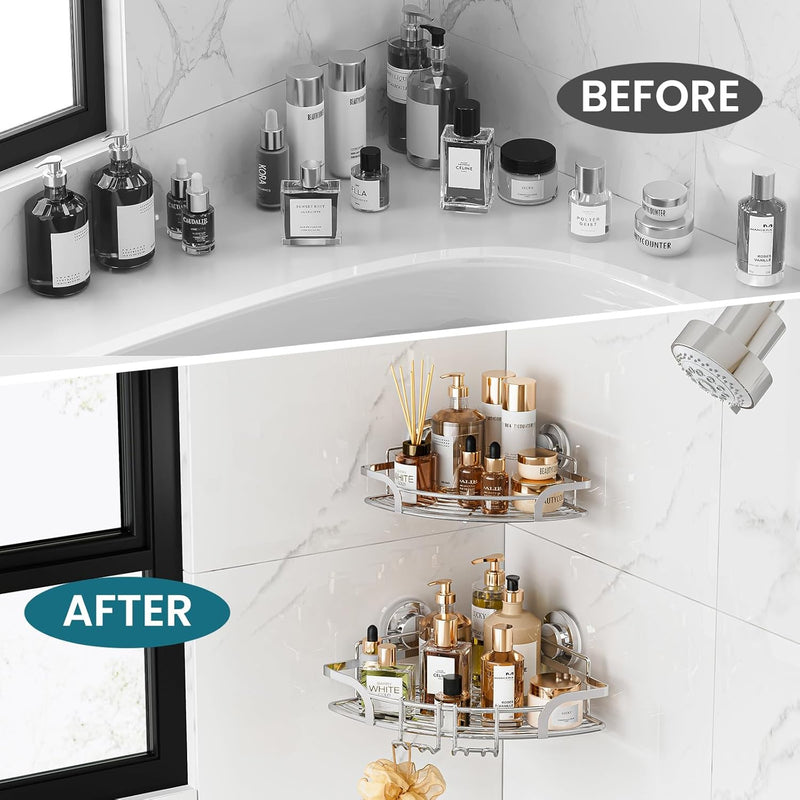 TAILI Duschablage Ohne Bohren,Einstellbar Ecke Dusche Caddy Saugnapf 2er Set Dusche Zubehör mit Hake