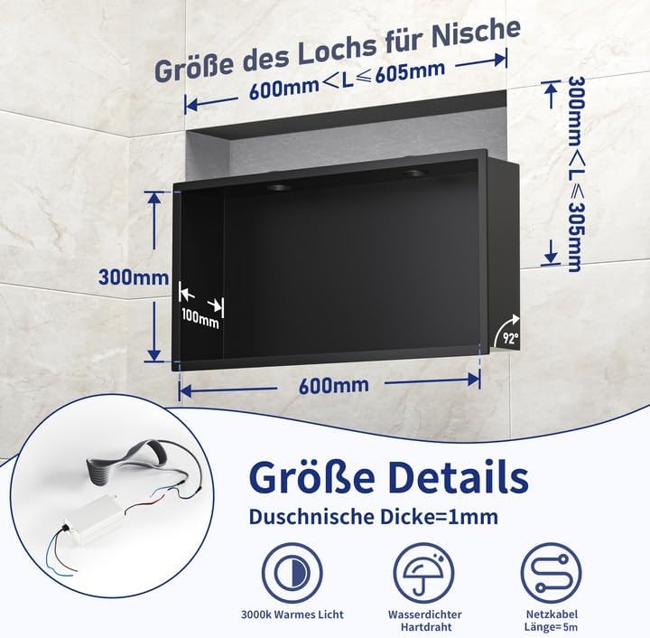 Wandnische Dusche Edelstahl mit LED Downlight, 60 cm x 30 cm, Wasserdicht - Keine Fliesen Erforderli