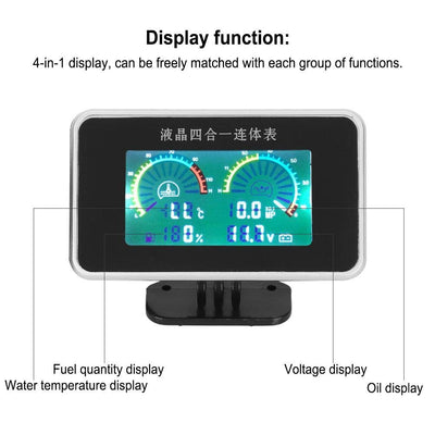 4-in-1 Auto LCD Digital LCD Instrument, Öldruckanzeige Voltmeter Kraftstoffanzeige Wassertemperatura