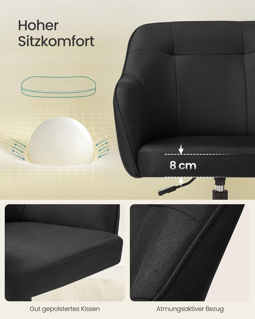 SONGMICS Homeoffice Stuhl, Drehstuhl, Schreibtischstuhl, höhenverstellbar, bis 110 kg belastbar, atm