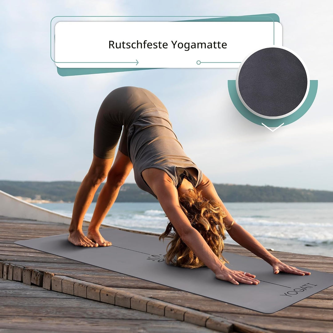 YOGATI® Yogamatte rutschfest Naturkautschuk mit Tasche - Yoga Matte gross mit Markierung, Sportmatte