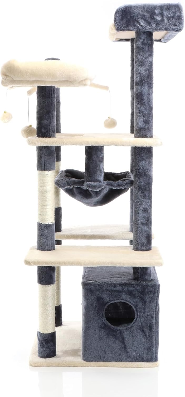 Fudajo Kratzbaum in Dunkelgrau/Beige 134 cm hoch, Katzenkratzbaum mit Katzenhaus + Liegemulde, Katze