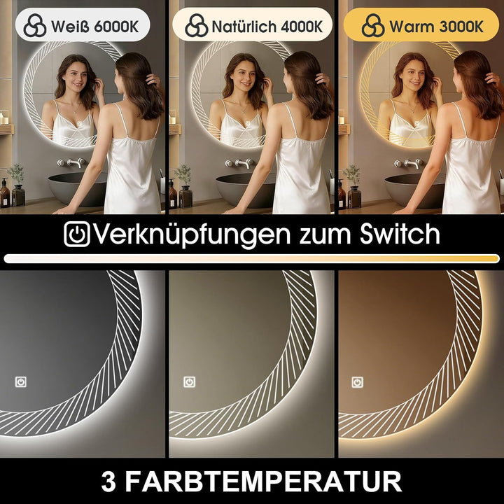 Rund Badezimmer Wandspiegel mit LED Beleuchtung, 80cm | Spiegel mit Linienmuster Licht, Touch Schalt