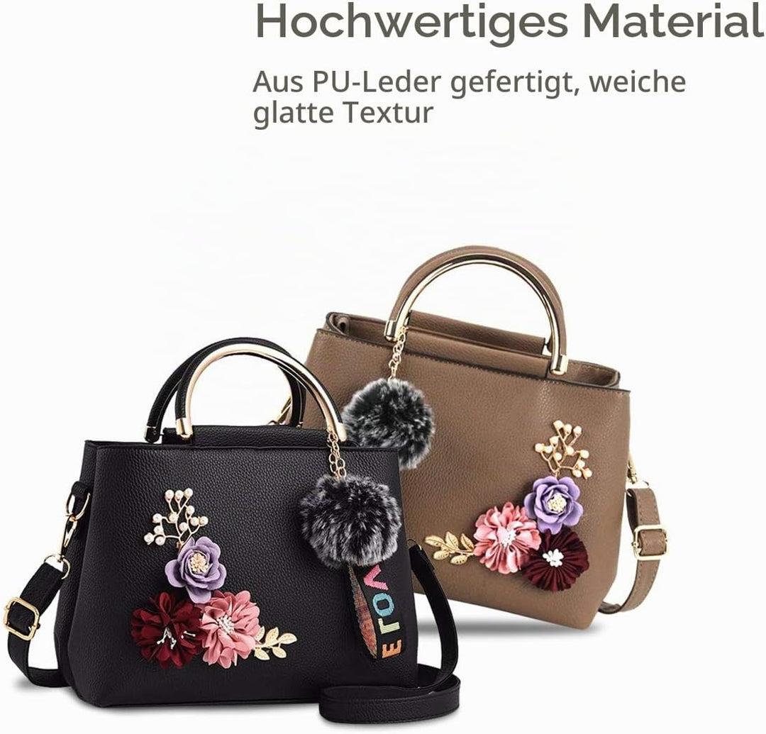 NICOLE &amp; DORIS Damen Leder Handtasche Umhängetaschen mit Blume Jahrgang Griff Tasche Designer Tote G
