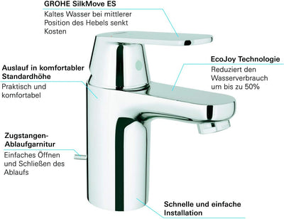 GROHE Eurosmart Cosmopolitan Badarmatur, Zugstange, Standard-Auslauf ES 2337700E, Silber mit Zugstan