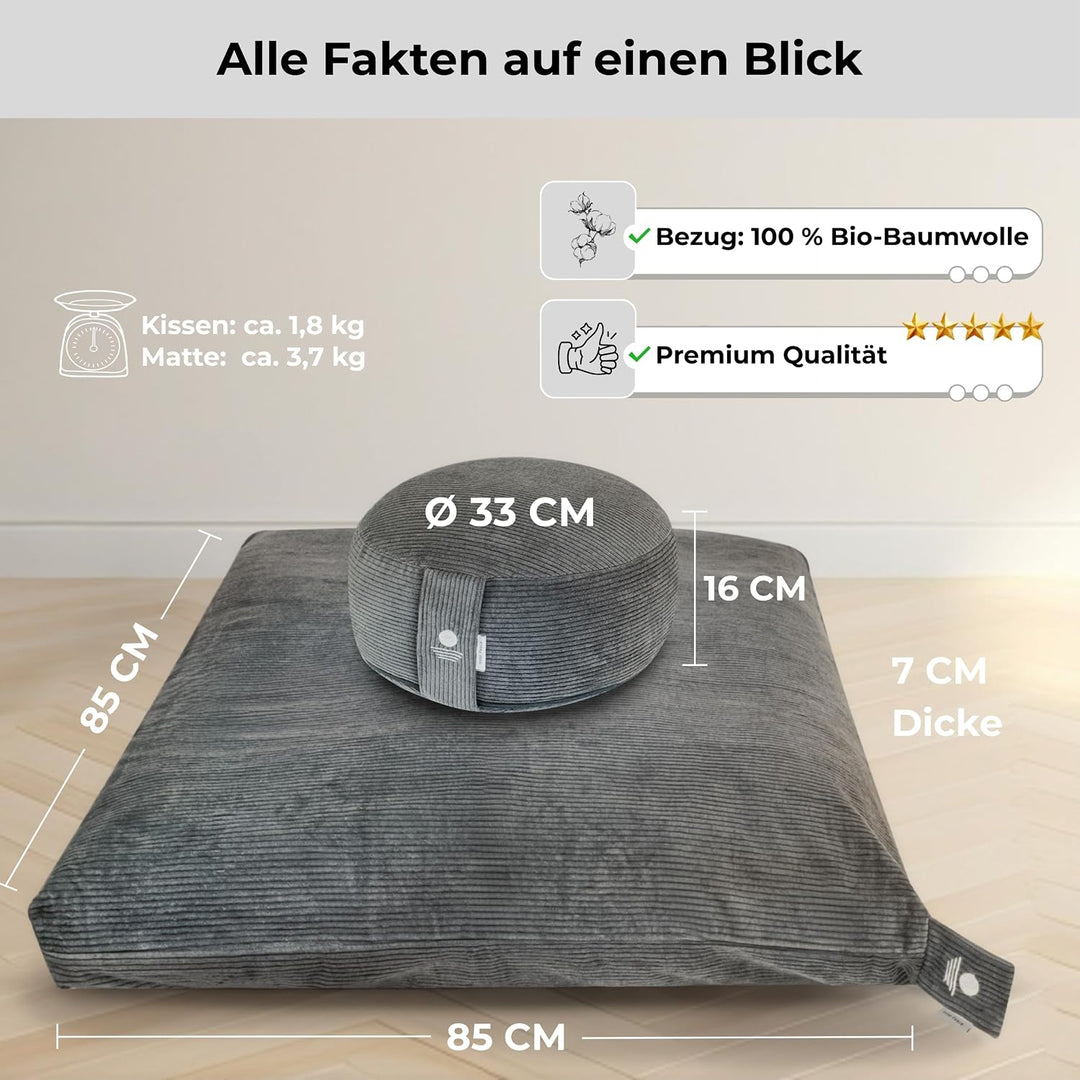 Inner Peace Meditationskissen Set Cord XL | Premium Set, rundes Kissen + Zabuton Matte, waschbar, Ze