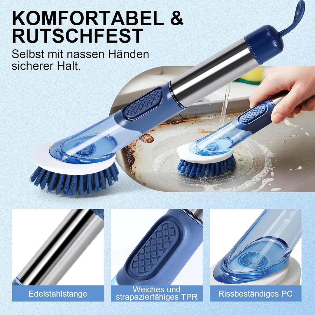 Spülbürste mit Spülmittelspender, Zvonema Küchenbürste mit ergonomischem Langer Griff, 4 Hochwertige