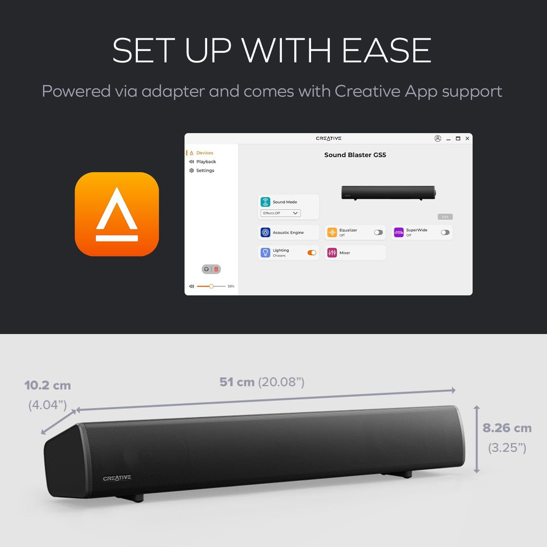CREATIVE Sound Blaster GS5 RGB Gaming Soundbar mit SuperWide-Technologie, Stromversorgung über Adapt