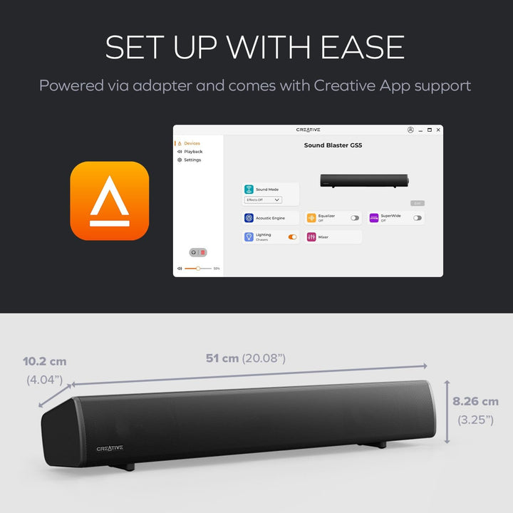 CREATIVE Sound Blaster GS5 RGB Gaming Soundbar mit SuperWide-Technologie, Stromversorgung über Adapt