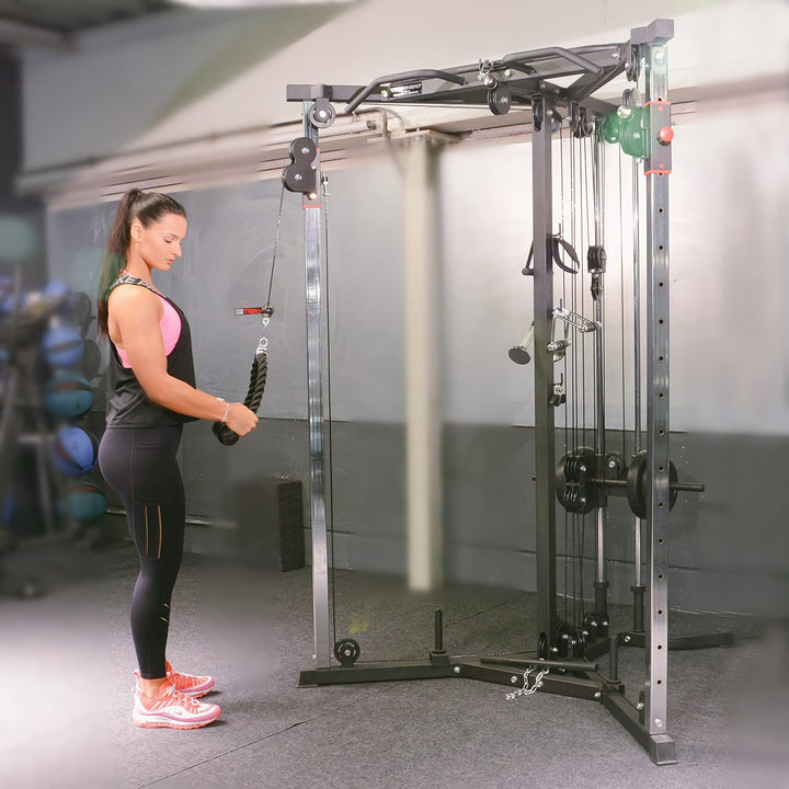 Train Hard® Kabelzug Trainer Latzugstation Kraftstation Cross Over mit Klimmzugstange, Bizeps- / Tri