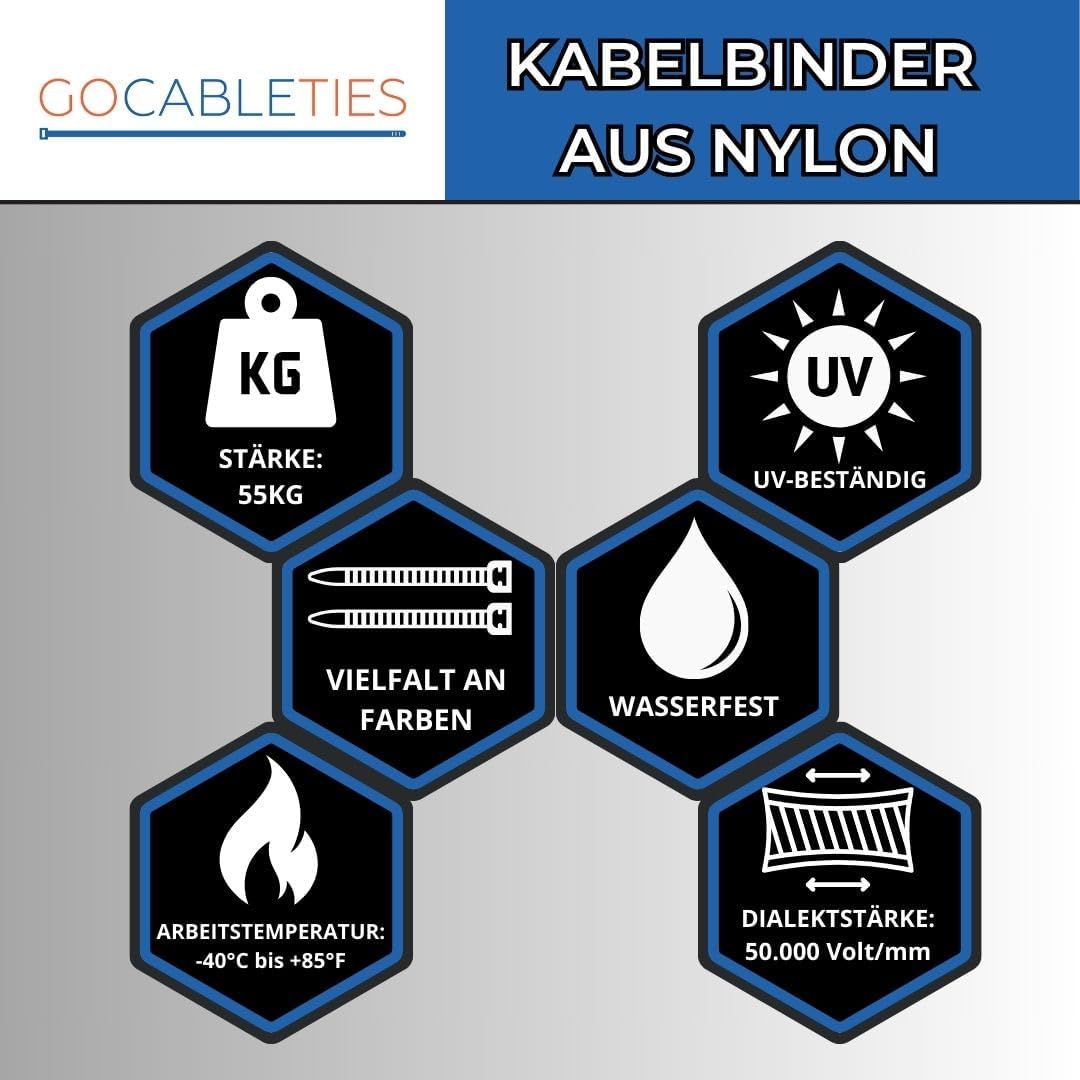 Gocableties Kabelbinder 100 Stück Weiss/Naturfarben Transparent, 370 mm x 7,6 mm mit 54,4 kg Zugfest
