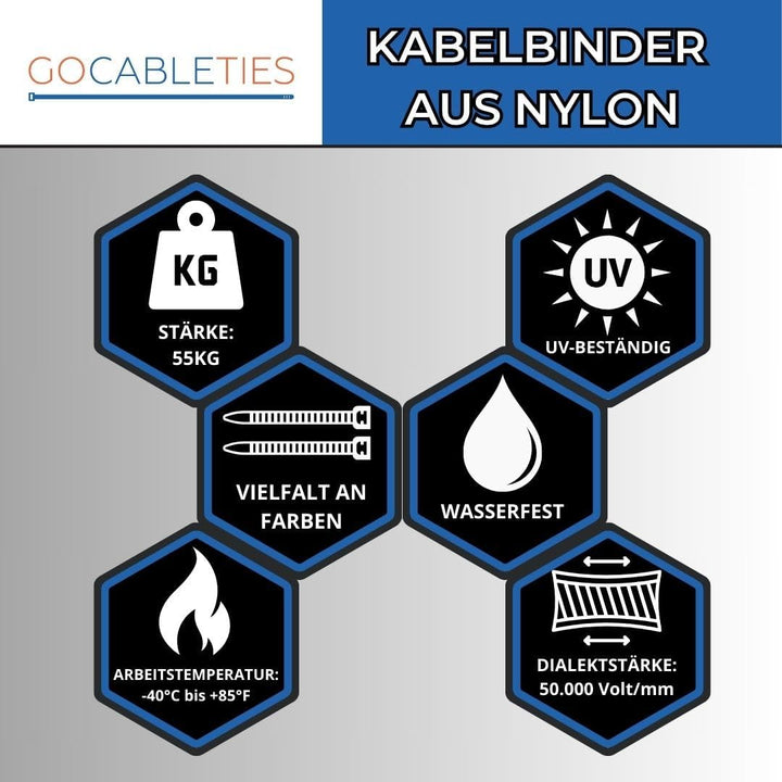 Gocableties Kabelbinder 100 Stück Weiss/Naturfarben Transparent, 370 mm x 7,6 mm mit 54,4 kg Zugfest