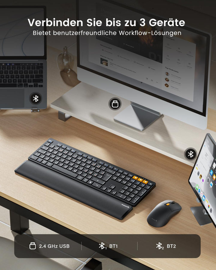 ProtoArc Kabellos Tastatur Maus Set, KM60 Full-Size Bluetooth Tastatur und Maus mit Handballenauflag