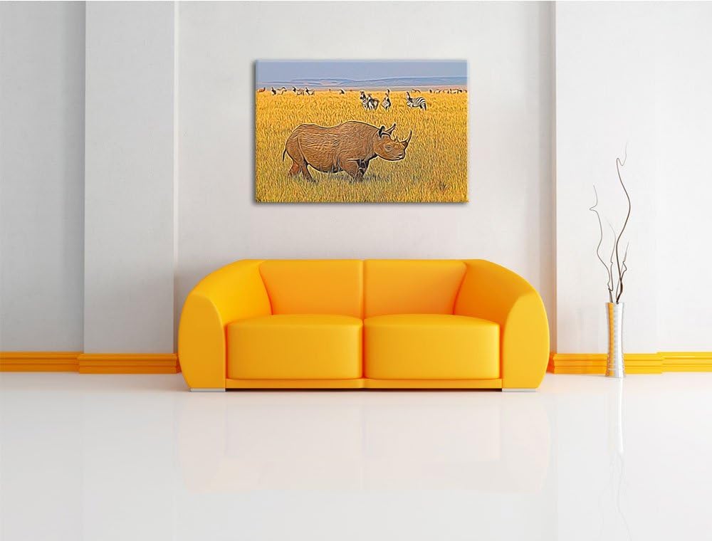 grosses Nashorn mit Zebrahorde Spezial Format: 100x70 cm auf Leinwand, XXL riesige Bilder fertig ger