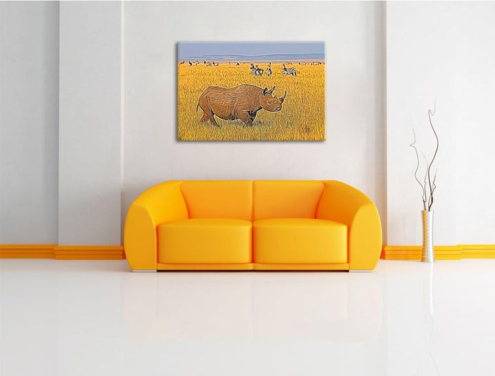 grosses Nashorn mit Zebrahorde Spezial Format: 100x70 cm auf Leinwand, XXL riesige Bilder fertig ger