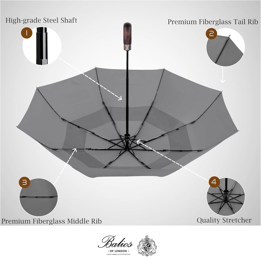 Balios® Regenschirm mit echtem Holzgriff | Auf Zu Automatik | Sturmfest & Windsicher | Damen & Herre
