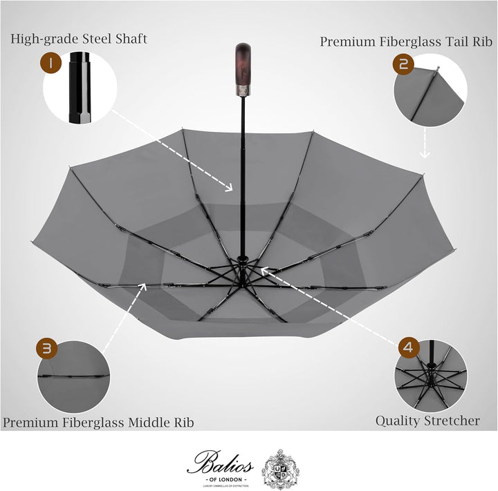 Balios® Regenschirm mit echtem Holzgriff | Auf Zu Automatik | Sturmfest & Windsicher | Damen & Herre
