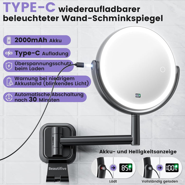 7” Wiederaufladbar Kosmetikspiegel Wandmontage, 1X/10X Schminkspiegel Silber, Silber