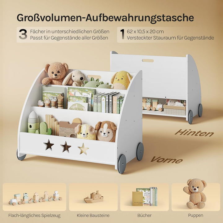 WOLTU KR002 Kinderregal Bücherregal für Kinder, Spielzeugregal mit Räder 3 Regale , Holz Standregal