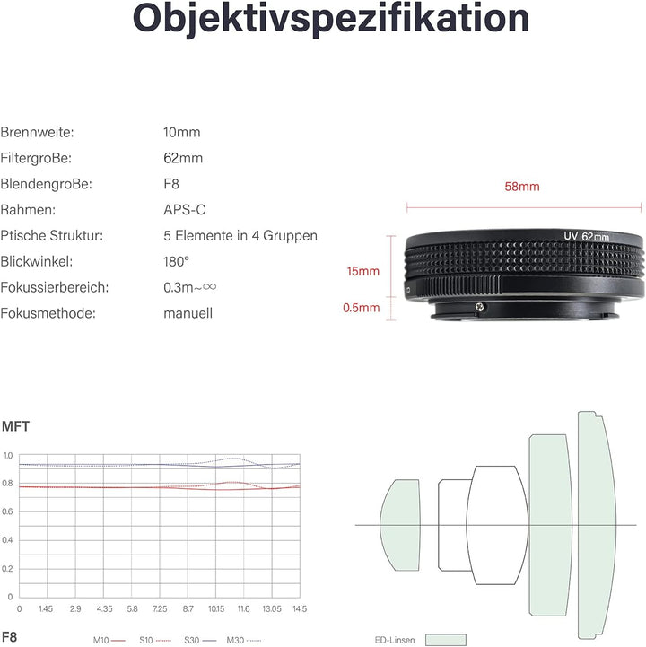 AstrHori 10 mm F8 II Ultraweitwinkel Fischaugenlinse Manuelles APS-C-Objektiv Kompatibel mit Panason