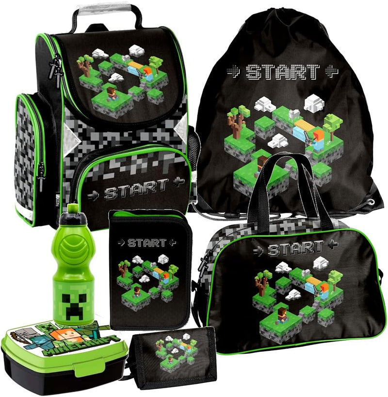 Minecraft Games Play Pixel 7 Teile Set Tornister Ranzen Schulranzen Tasche Federmappe mit Sticker-vo