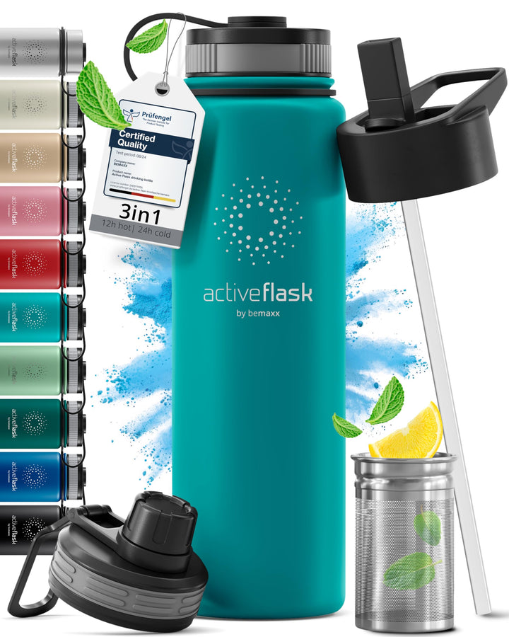 Trinkflasche Edelstahl ACTIVE FLASK + Strohhalm (3 Deckel) BPA-frei, Auslaufsicher, Kohlensäure geei