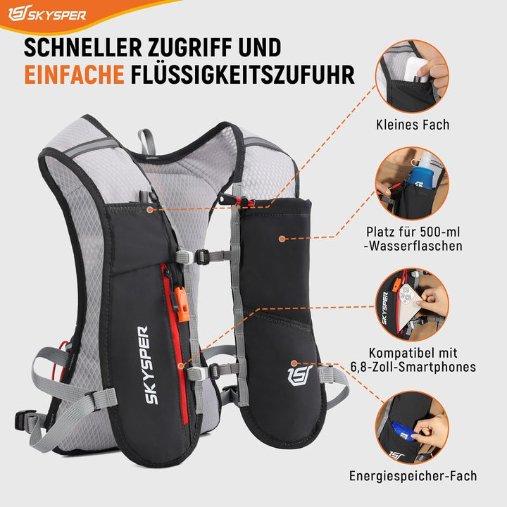 SKYSPER Laufweste Ultraleichter 5L, Trinkrucksack mit weichen Flaschen 500ml Laufrucksack Herren Dam
