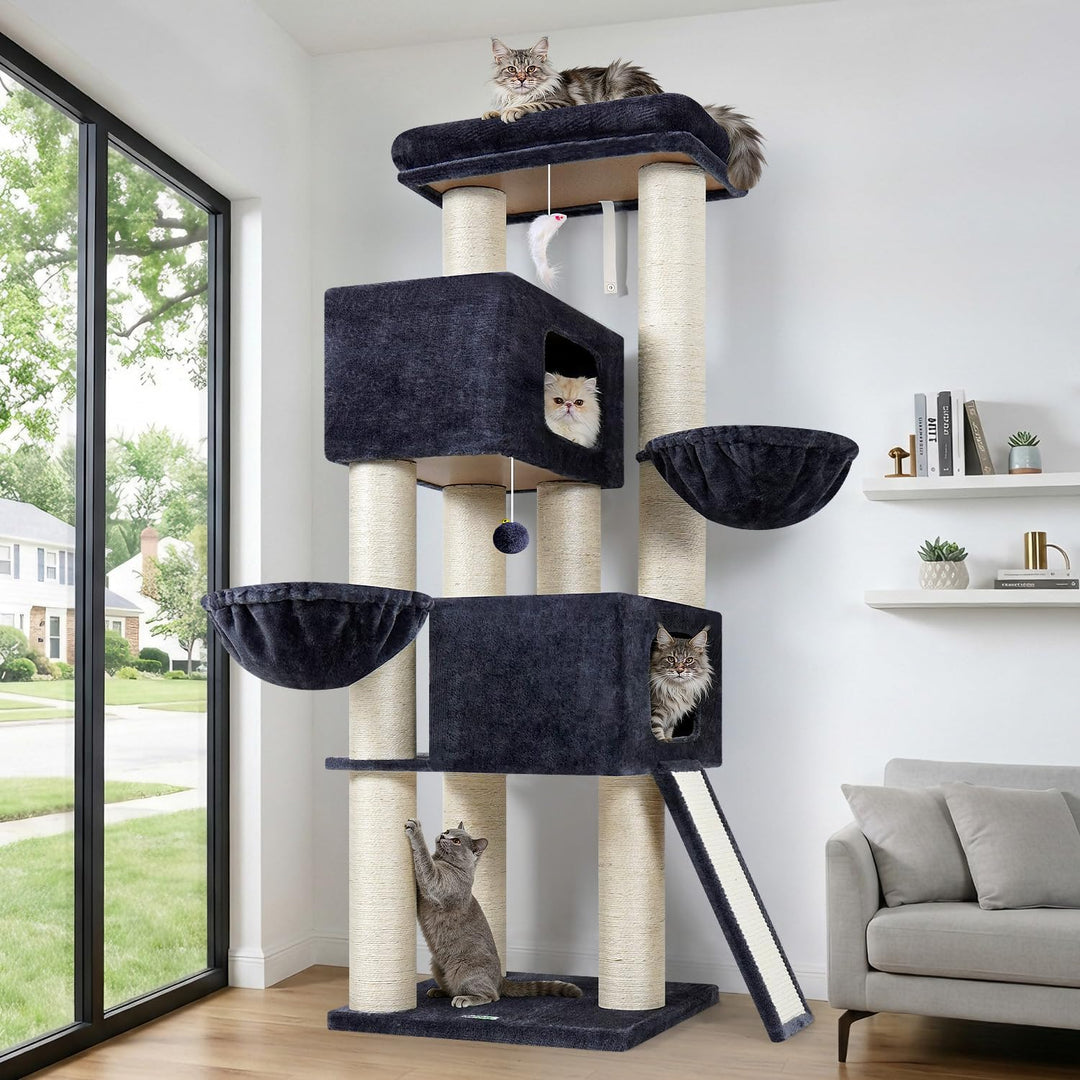 Globlazer Kratzbaum Dicke Stämme 11CM für Grosse Katzen mit 2 Extragross Katzenhaus 50*35*30cm, Ausr