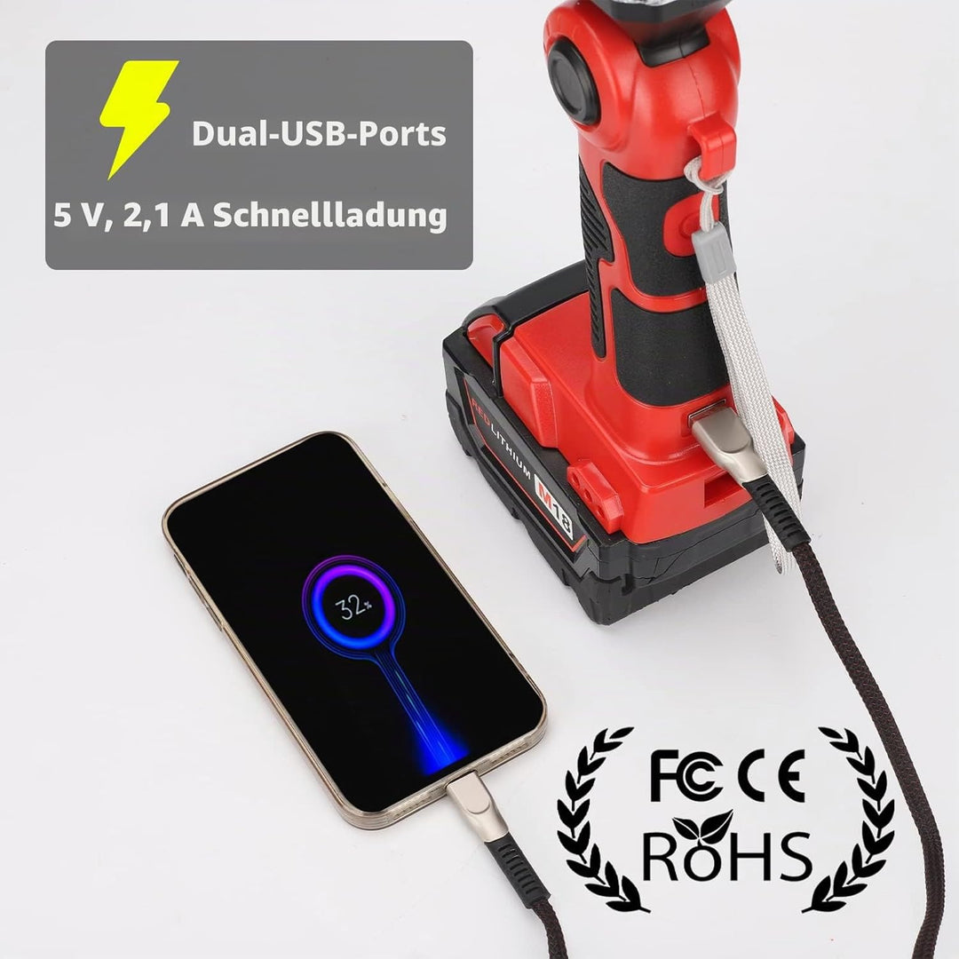 25W 2000LM LED Lampe für Milwaukee M18 Akku, 18V Akku Lampe für Camping, Autoreparatur, Not- und Bau