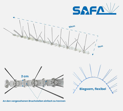 10 Meter Vogelabwehr, Taubenabwehr/ 4-reihig/ 20 Elemente a 50 cm/Taubenspikes aus Edelstahl auf UV-