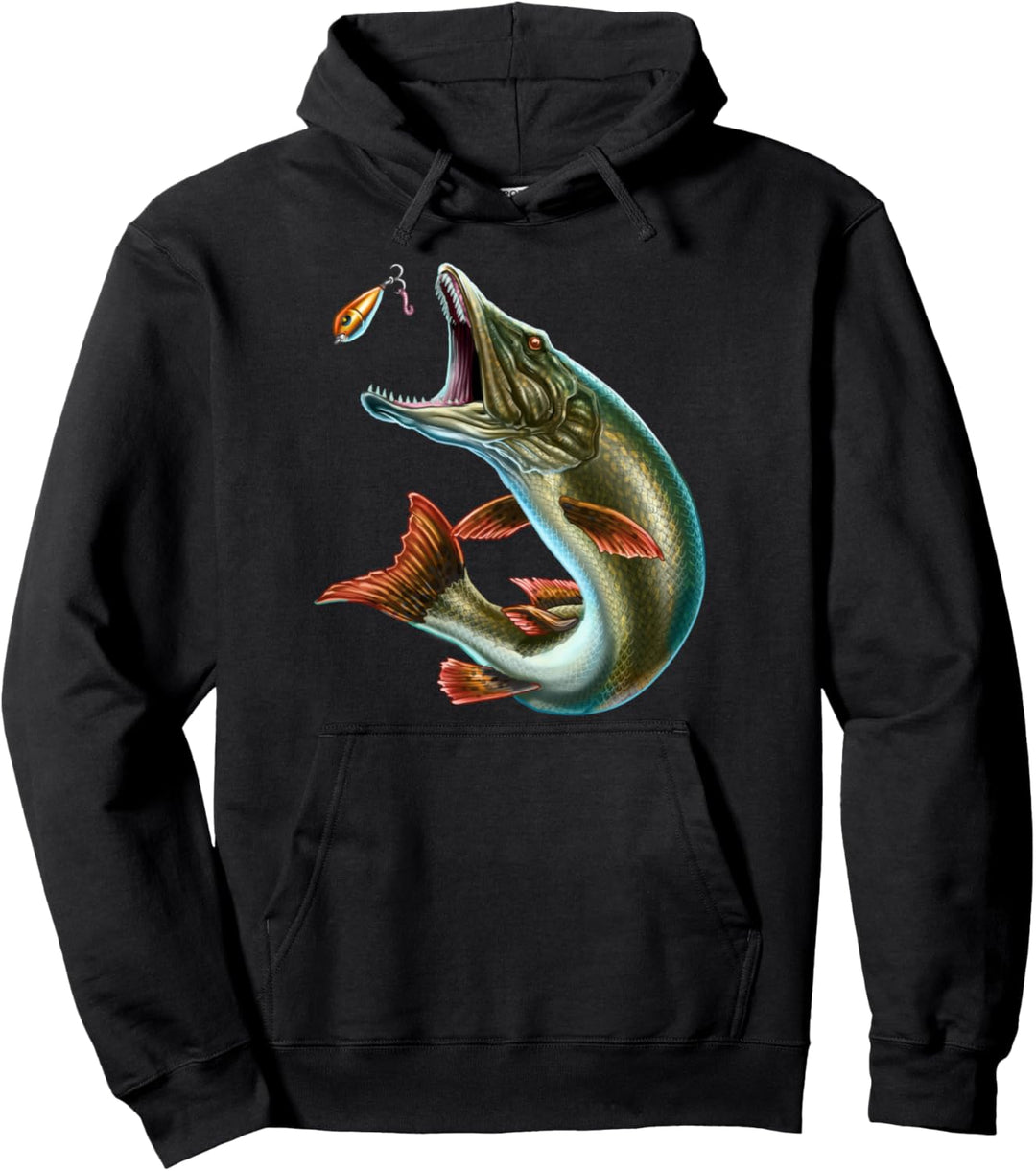 Geschenk für Angler: Hecht beim Anbeissen mit Köder - Angler Pullover Hoodie