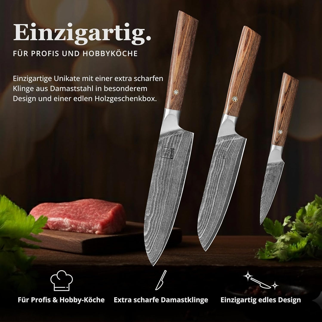 zayiko Kasshoku 3er Damastmesser Set mit Klingen von 9 bis 18 cm Länge, gefertigt aus 67 Lagen japan