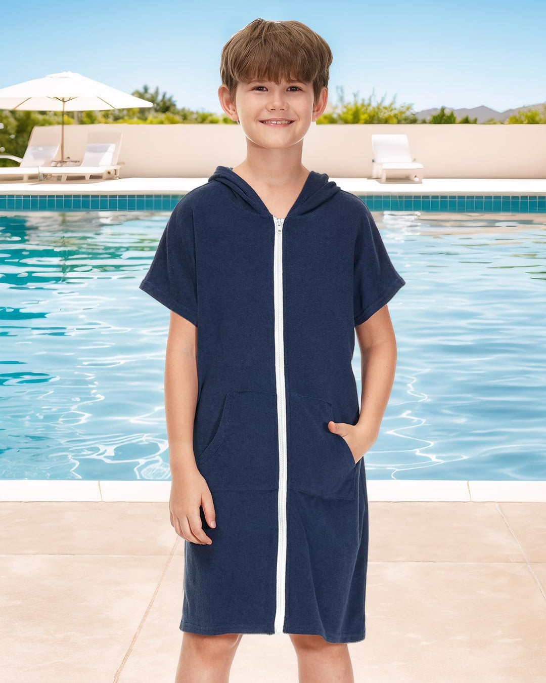 BesserBay Mädchen Junge Badeponcho Frottee Bademantel Kapuze Poncho mit Taschen Zip Cover Up Kinder
