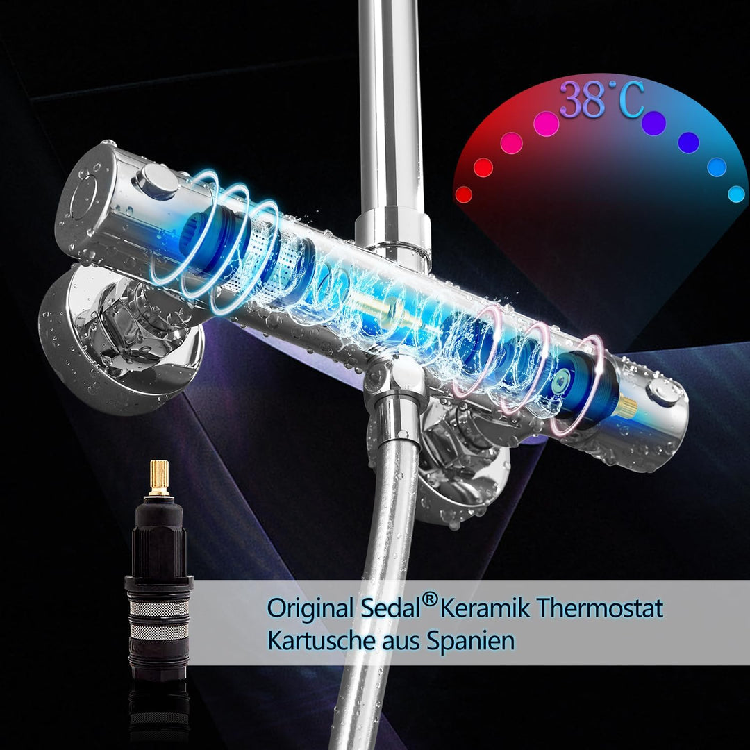 Görbach Regendusche Duschsystem mit Thermostatbatterie Edelstahl Duschset mit Thermostatarmatur (Kop