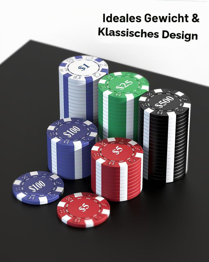 Pokerset, 100 Tragbare Spielchips mit Eisenkern, 11,5g Casino-Qualität, 5 Farben &amp; Spielwerten, für