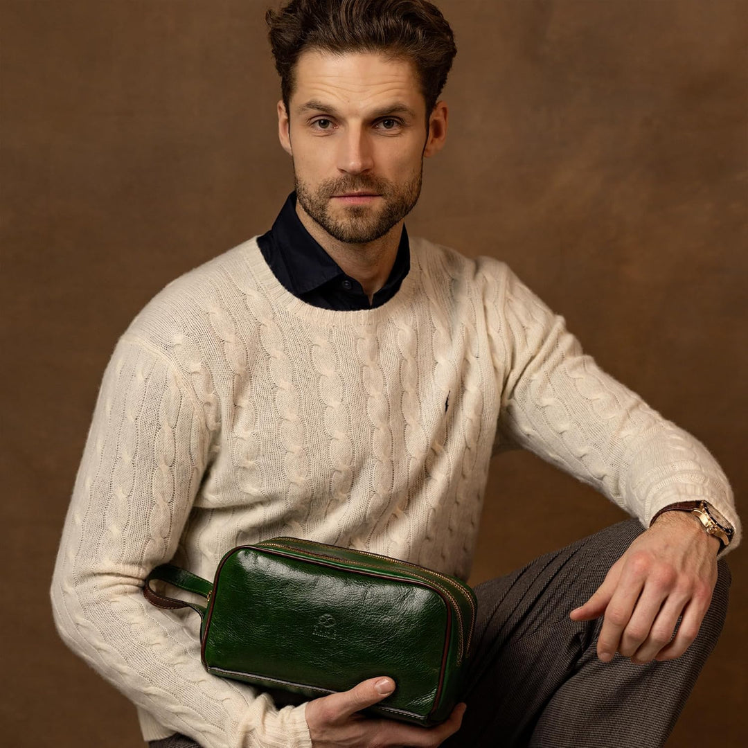 Kulturbeutel Leder Herren - Kosmetikbeutel - Waschtasche für Männer - 100% Echtleder - Hochwertige K