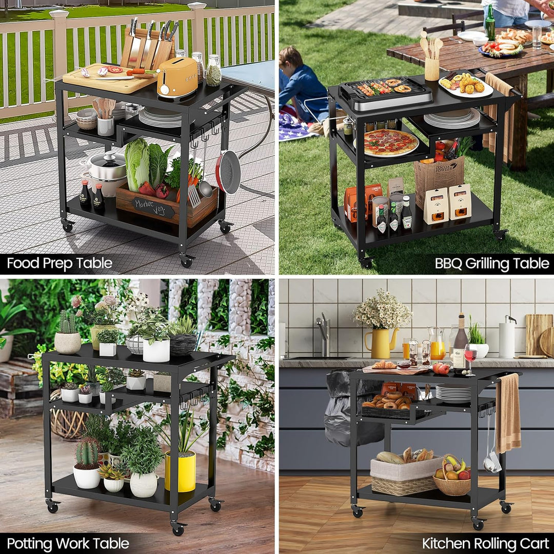 GOPLUS Grillwagen, Grilltisch Outdoor mit Griff, 4 Ablagen, Haken & Rollen, multifunktionaler Pizzat