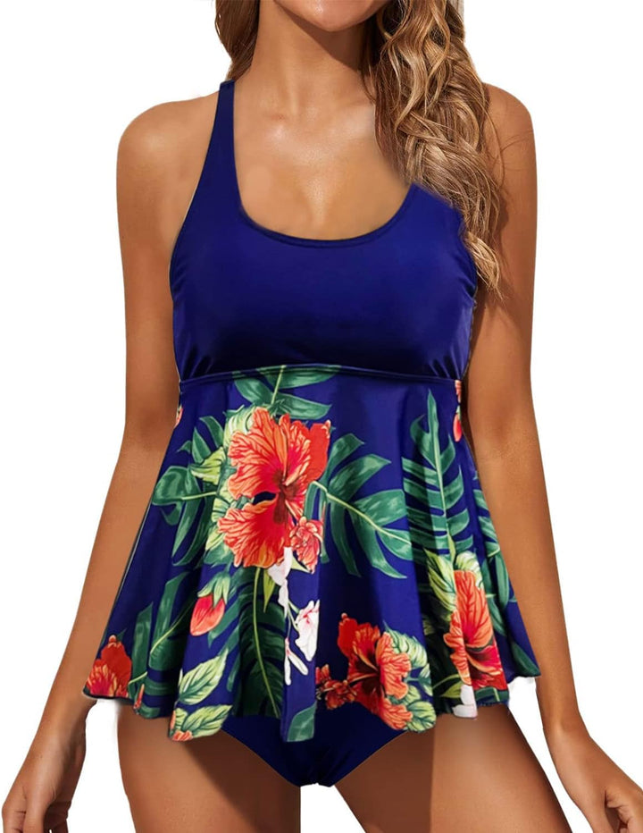 JFAN Tankini Damen Badeanzug Damen Bauchweg mit Rüschen Badekleider und Bikinihose M Navy+blätter, M