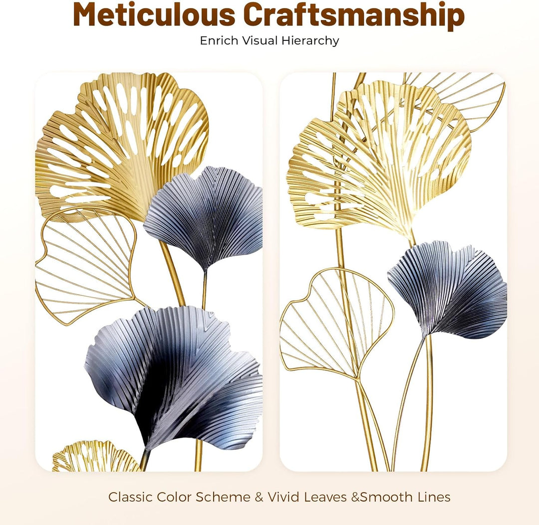 kangten 2 STÜCKE Ginkgoblätter 3D Metall Wanddekoration Wall Picture Wohnzimmerdekor Goldene Ginkgo-