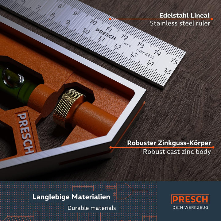 Presch Kombinationswinkel 150mm - Präziser, handlicher Universalwinkel aus Metall mit Linealanschlag