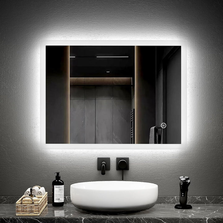 EMKE Badspiegel mit Beleuchtung 80x60cm Badezimmerspiegel mit Touch, 3 Lichtfarbe dimmbar, Antibesch