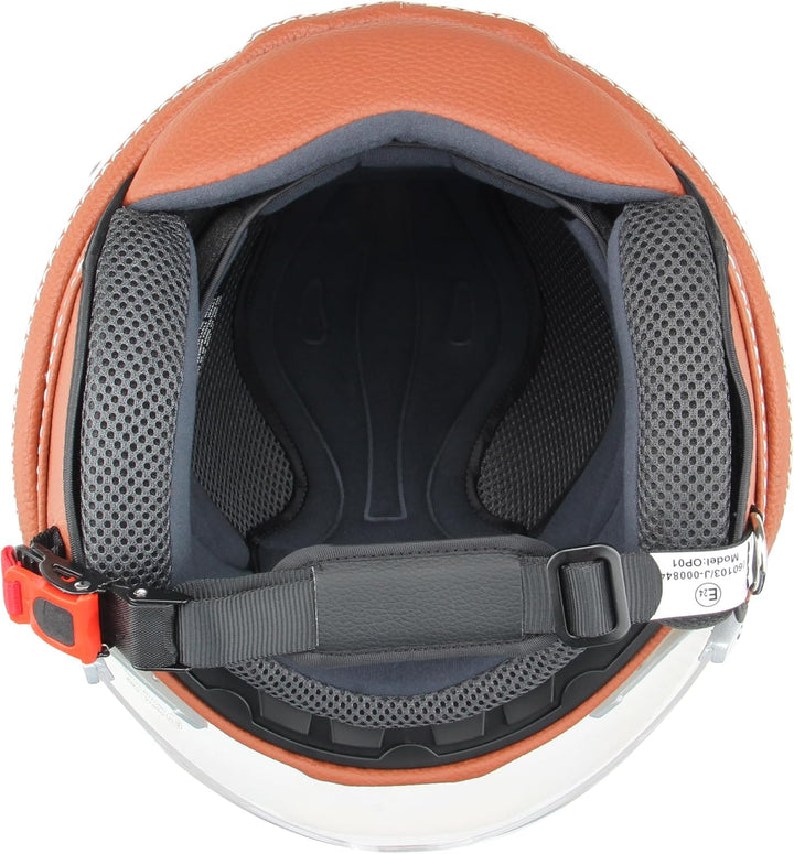Motorradhelm Jethelm Rollerhelm CMX Hazel Grösse L matt schwarz mit braunem Leder und klarem Visier