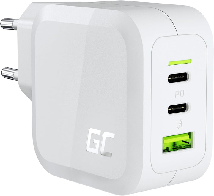 USB C Ladegerät Weisses Green Cell GaN 65W 3 Port 2x USB-C PD 1x USB-A QC 3.0 Handy Schnellladegerät
