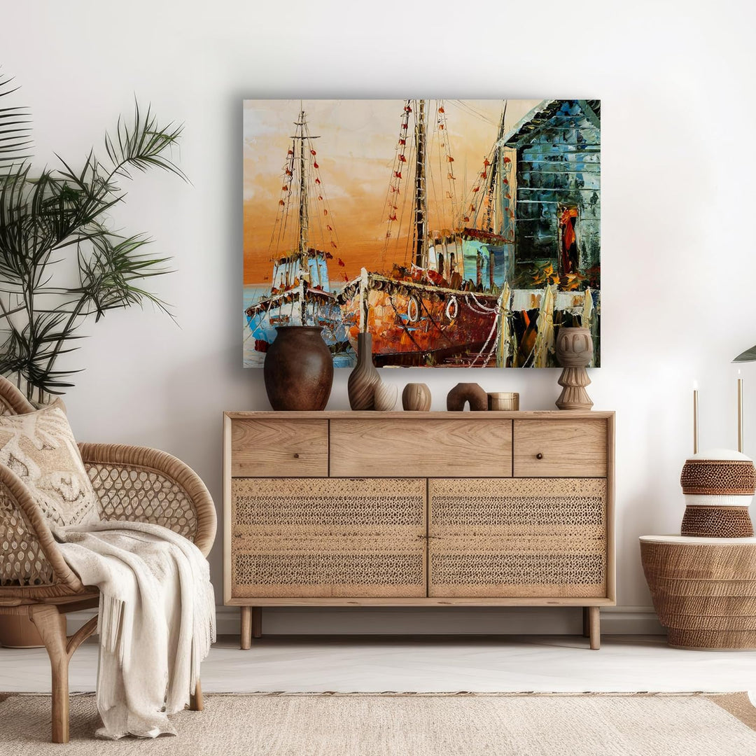 wandmotiv24 Leinwandbild Malerei, 100x75cm, Querformat, Boote, Meer, Deko, Bilder auf Leinwand, Wand