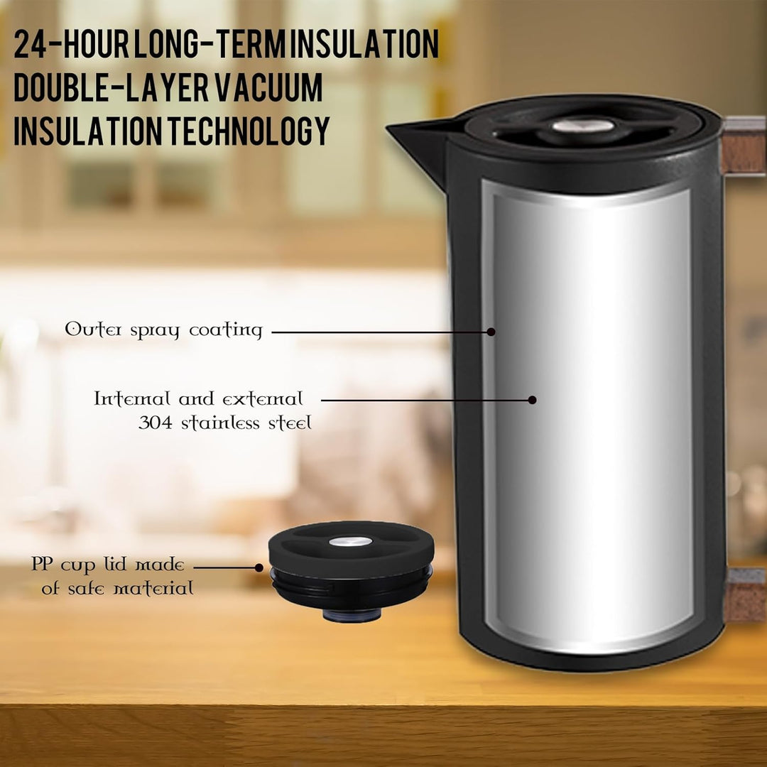 Thermoskanne Kaffeekannen Edelstahl Vakuum Isolations, Mit Holzgriff Und Einfachem Sicherheitsdruckk