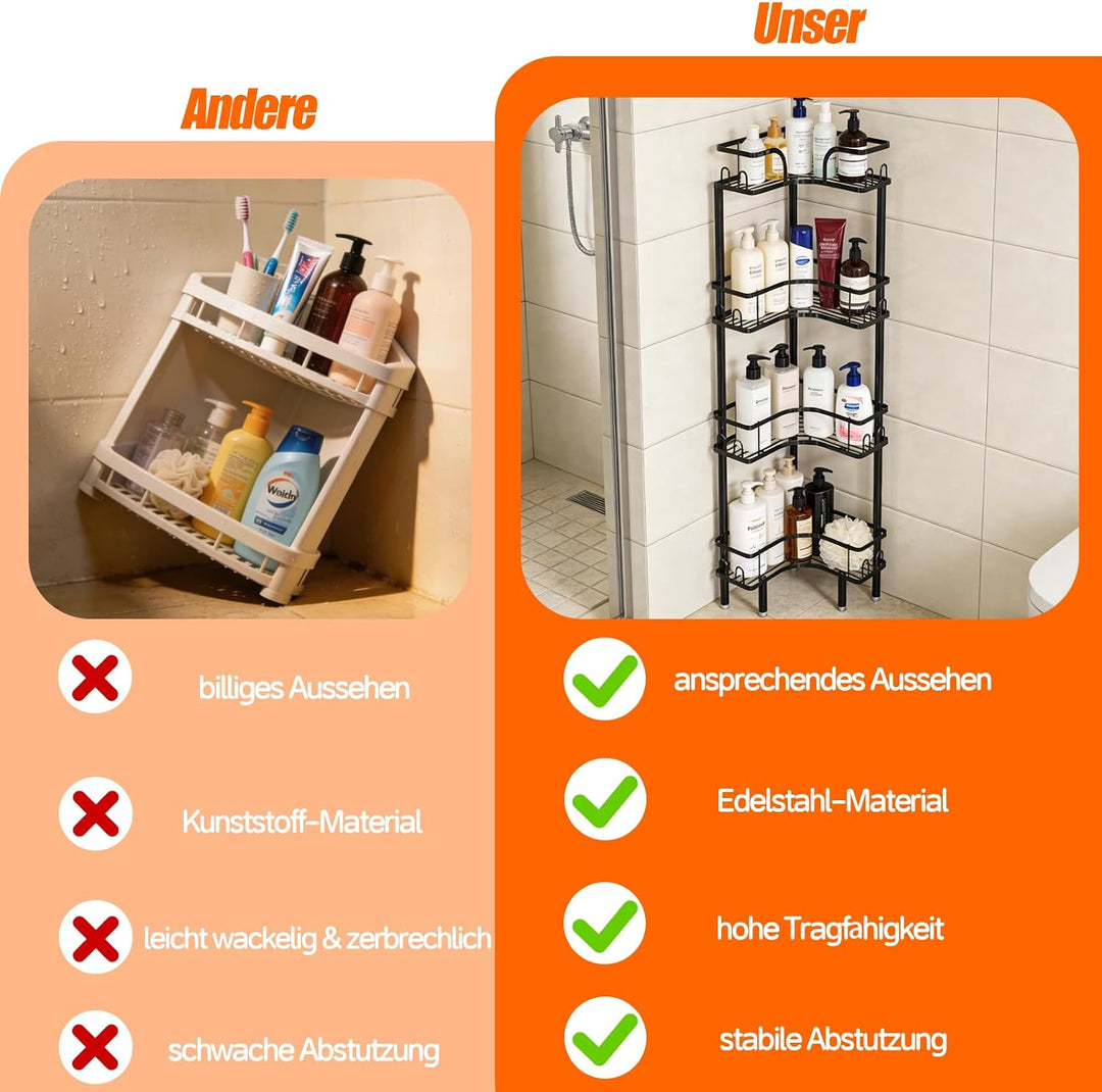 4 Stufiges Stehend Duschregal ohne Bohren, Ecke Duschregal Freistehende, Shampoo Halterung für Dusch