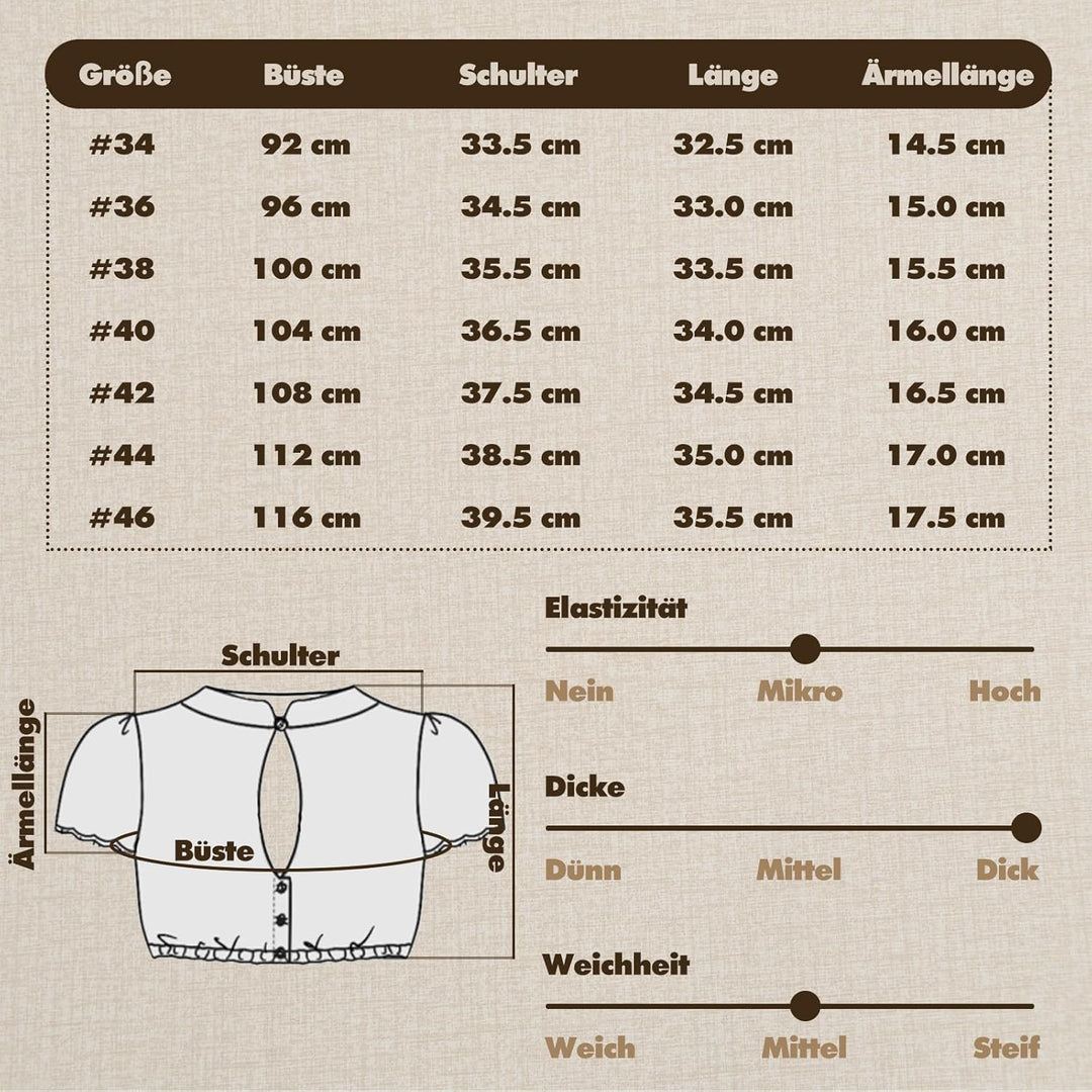 Dirndlparty Dirndlbluse Damen Schlicht, Kurzarm Dirndl Bluse Creme Spitze Trachtenbluse Oktoberfest