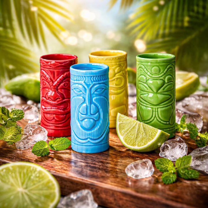 mikamax Tiki Schnapsgläser 4er Set 60 ml - Bunte Keramik mit Tiki Motiven - Spülmaschinenfest - Hawa