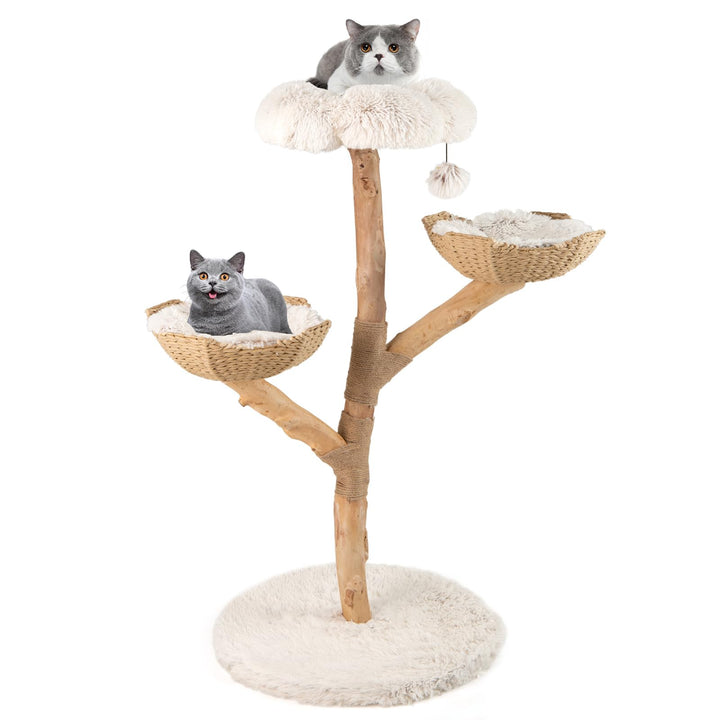 COSTWAY 122 cm Kratzbaum Holz, Katzenbaum mit Sitzfläche, 2 Körben aus Rattan, Kratzpfosten aus Jute